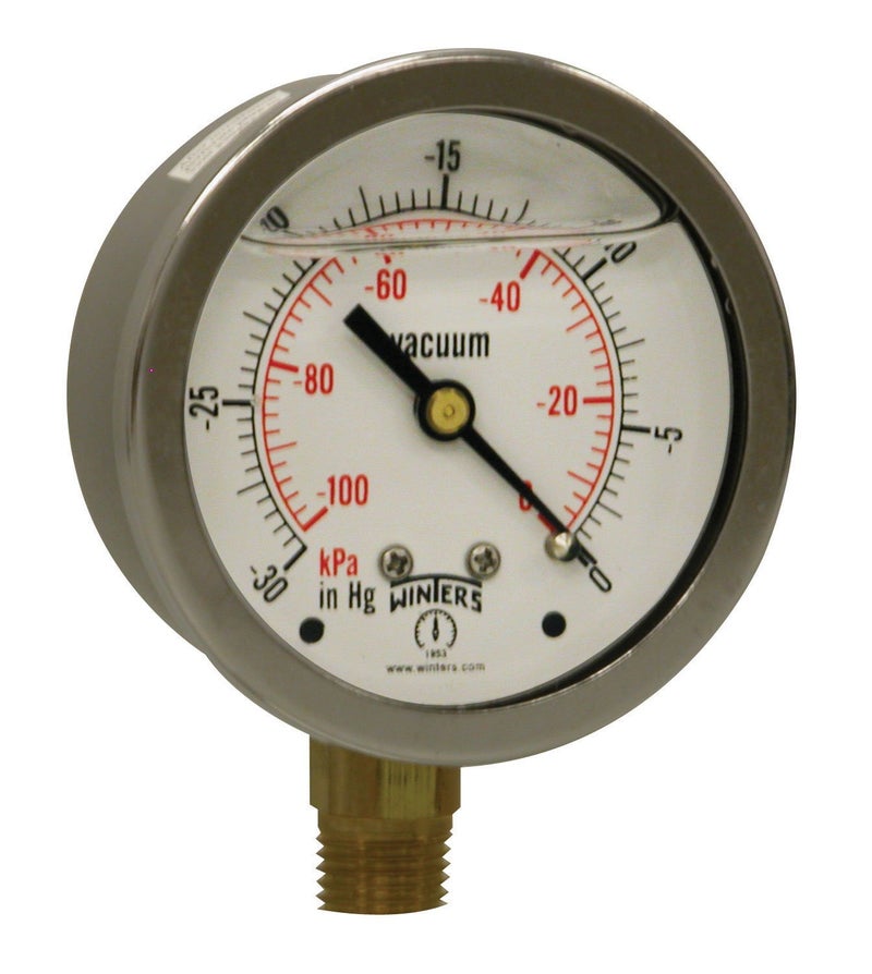 - PFQ801 -801 PFQ Series Stainless Steel 304 Dual Scale Liquid Filled Pressure Gauge with Brass Internals, 30"Hg Vacuum/kpa, 2-1/2" Dial Display, +/-1.5% Accuracy, 1/4" NPT Bottom Mount